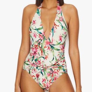 Carmen Marc Valvo 4 One Piece Halter Swimsuit Front Tie Detail Floral Plunge
